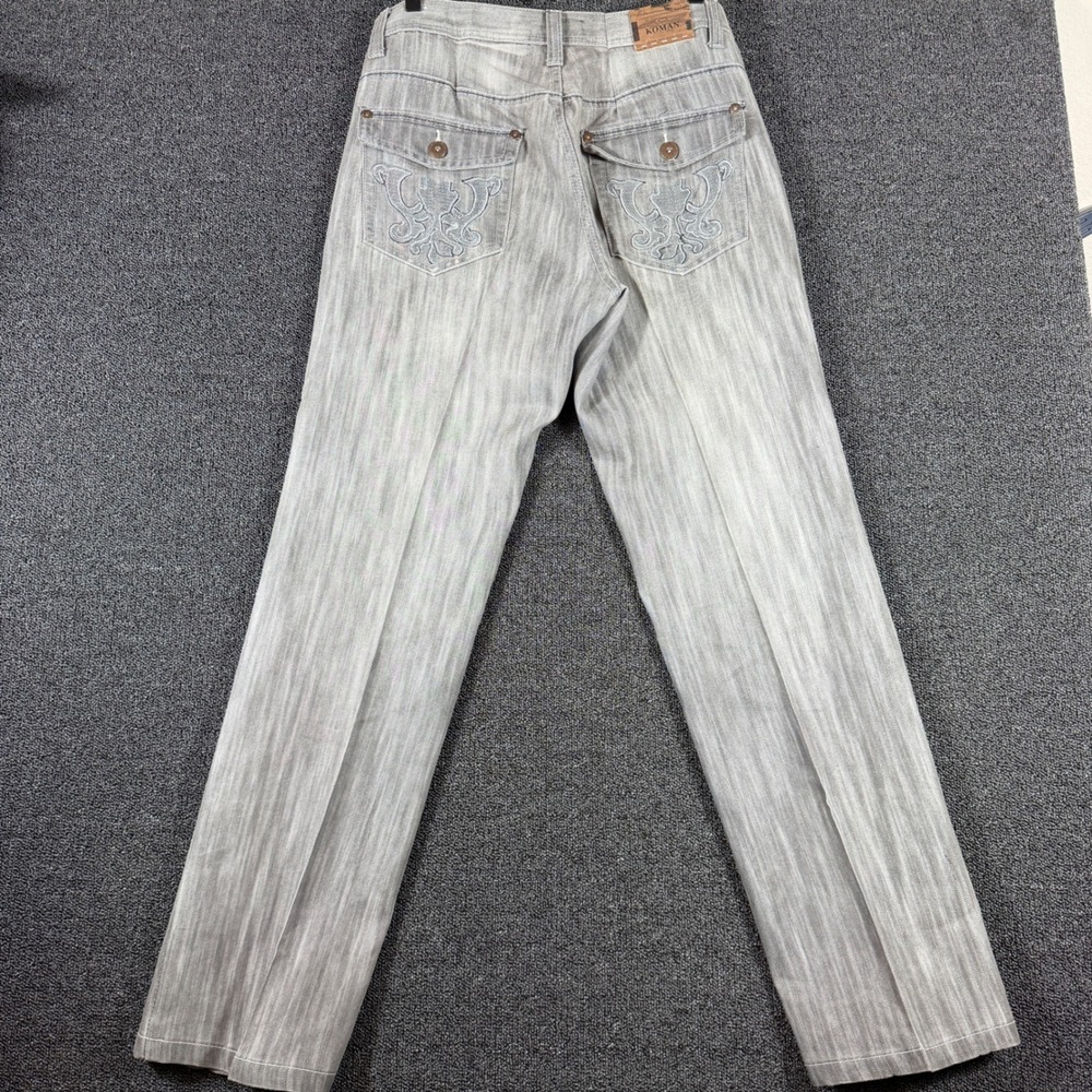 Koman Straight Jeans Men's 36x32 Gray Denim Vintage Y2K Embroidered Flap Pockets